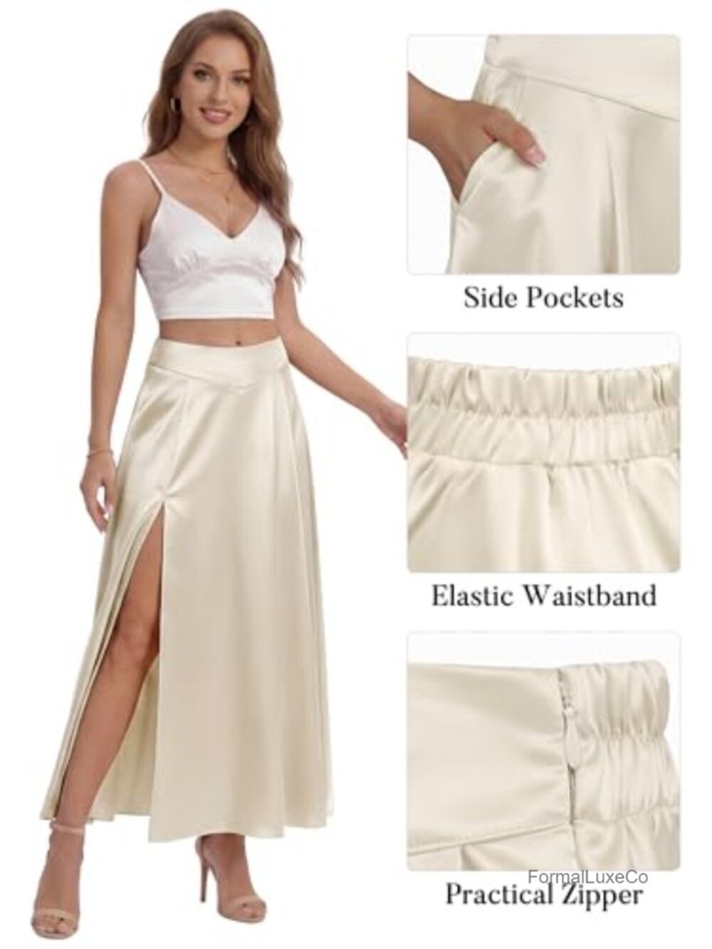 Heavyweight Satin High Waist Maxi Skirt with Pockets & Side Slit - Picture 6 of 6